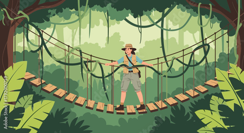 Adventurous explorer traverses jungle suspension bridge with determination