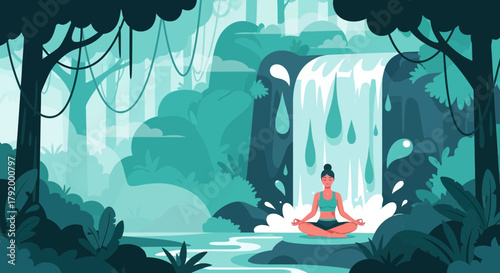 Serene Yoga Retreat: Woman Meditating by Tropical Waterfall in Tranquil Forest