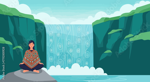 Serene meditation amidst nature's beauty, finding peace near the cascading waterfall