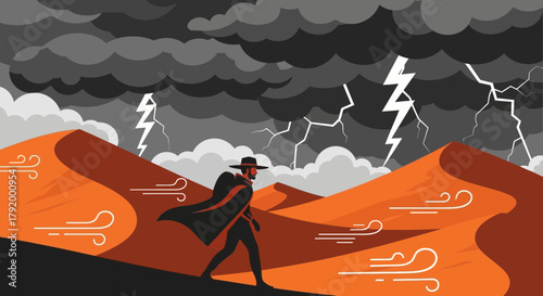Lone traveler facing an electrical sandstorm, navigating the desert landscape