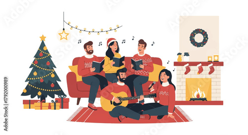 A family of five enjoys a festive holiday evening together on a couch in a cozy living room with a Christmas tree and fireplace.