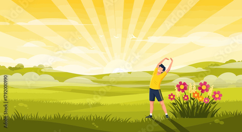 Morning exercise routine on a vibrant sunny day in nature and natural landscape