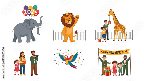 Zoological Wonderland: A vibrant collection of illustrations capturing the essence of zoo life, featuring a diverse range of animals and festive elements.