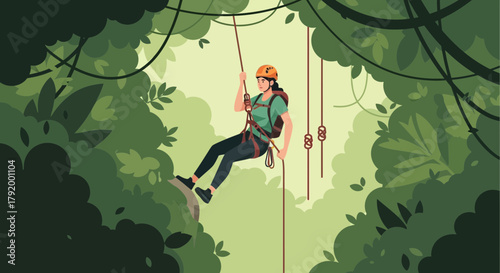 Adventurous woman rappelling down in lush tropical jungle environment
