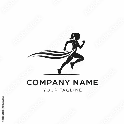 Silhouette of a determined female runner crossing the finish line with speed.