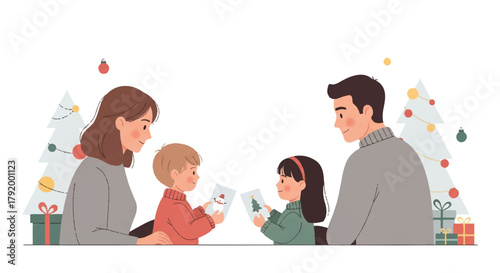 Illustration of a family of four exchanging Christmas gifts in a cozy setting with a decorated tree and presents.