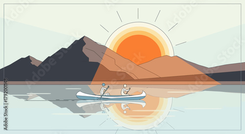 Minimalist Lake Serenity: Two Kayakers Enjoying the Mountain View at Sunset