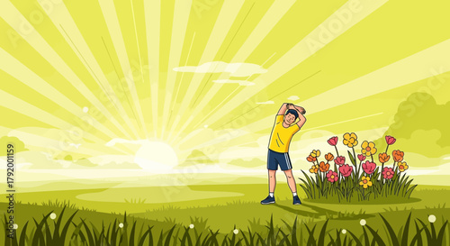 Morning stretch routine on a vibrant, sun-drenched meadow at the break of dawn