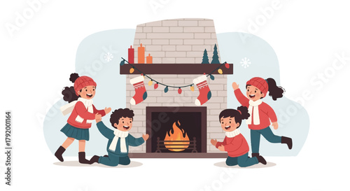 Illustration of four children playing around a decorated fireplace with a warm fire burning inside on a Christmas-themed background.