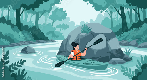 Woman's serene kayak adventure through lush river landscapes and nature's embrace