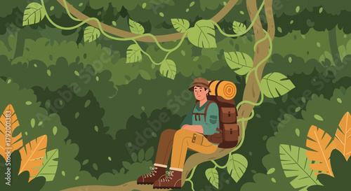 Wanderer resting amidst verdant jungle foliage for travel themed designs