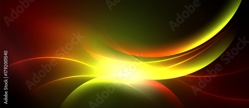 Abstract vibrant waves, yellow center radiates. Red, green hues blend into darkness. Smooth curves create dynamic visual effect.