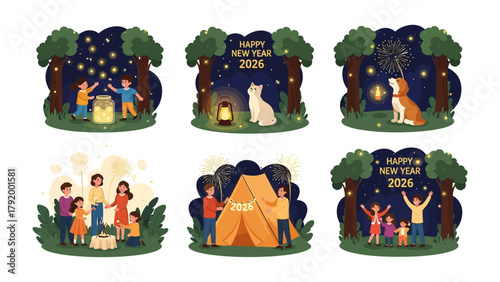 New Year Eve Illustration: A compilation of illustrations depicts celebratory scenes, each brimming with warmth and festive cheer. Family members gather to usher in new beginnings. 
