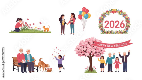 Visual Harmony of life scenes: A collection of illustrations depicting moments of joy and celebration, with people connected by their celebration and love for each other.
