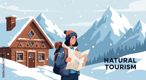Woman's Winter Adventure: Map Reading in the Snowy Mountains with Cozy Cabin