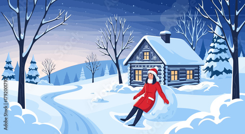 Enchanting winter scene with snowy cabin and girl enjoying a playful moment