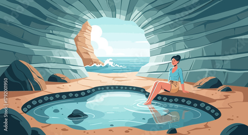 Seaside serenity: Woman relaxing by a natural pool within a seaside cave scenery
