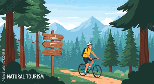 Cycling adventure through the pristine forest surrounded by towering mountains