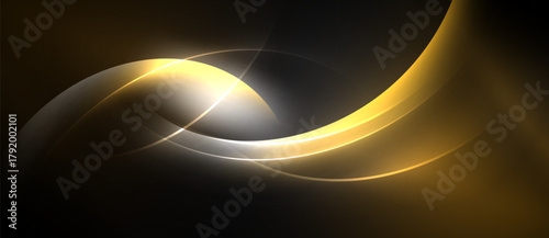 Abstract golden curves flow across dark background. Bright light emanates from central intersection, creating dynamic visual effect.