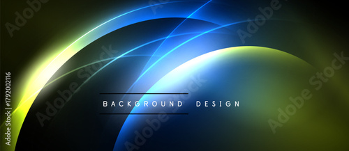Abstract glowing lines create dynamic composition. Blue, yellow hues blend into dark background. Modern design element.