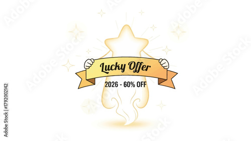 Lucky Offer with Star Icon: A vibrant illustration showcasing a golden star with a banner proclaiming a Lucky Offer, promising discounts ranging from 20% to 60%, perfect for marketing promotions.