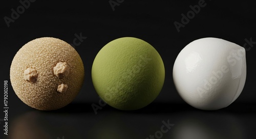 Three textured spheres in a row sandy, green, and white, presented against a dark, reflective surface, suggesting abstract concepts or materials