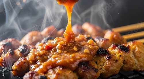 Delicious grilled chicken satay skewers being drizzled with a savory, traditional peanut sauce
