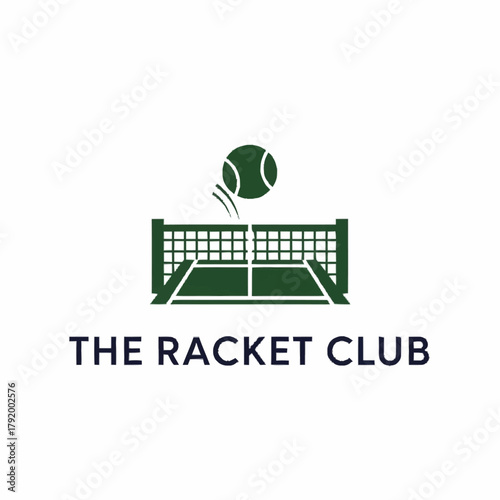 Minimalist green logo for The Racket Club featuring a tennis court and ball.