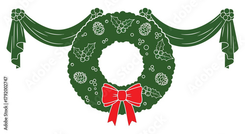 Festive green christmas wreath adorned with a bright red bow and draped green garland