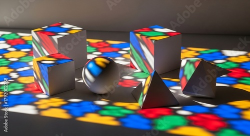 Geometric shapes including cubes, a sphere, and a pyramid illuminated by colorful light patterns on a dark surface