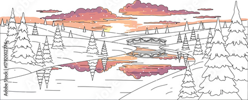 Snowy winter landscape with bridge and sunset reflecting in the water below