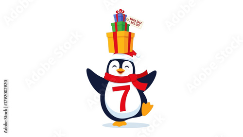 Penguin Gift Balance: A charming penguin, adorned with a festive hat and scarf, expertly balances a stack of colorful gift boxes on its head, spreading holiday cheer and celebration.