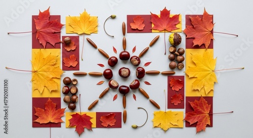 Autumnal sunburst pattern created with colorful fall leaves, chestnuts, and twigs on a white background