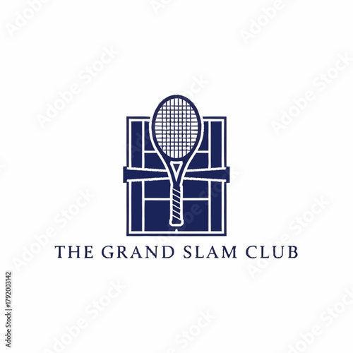Tennis Club Logo Featuring Racket and Court Design.