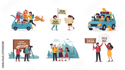 Travel Adventure and Festive Greetings: A set of six illustrations depicting joyful moments of people, travel, and celebratory messages for the new year. Capturing the spirit of adventure.