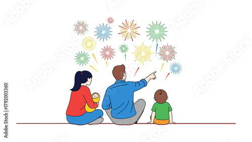 Family Fireworks Spectacle: A family, comprised of a father, mother, and child, watch a radiant fireworks display, with the little one pointing towards the vibrant bursts of color.