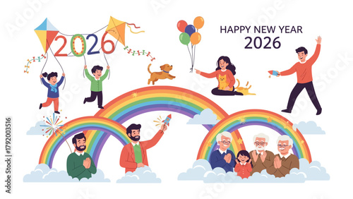 New Year 2026 Celebration: A vibrant illustration showcasing a lively celebration to welcome the year 2026. This dynamic scene features a spectrum of joyous figures, kites soaring through the sky.
