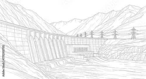 Hydroelectric dam illustration with mountains and power lines in the background