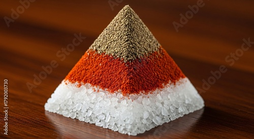 A precisely formed pyramid of coarse sea salt, paprika, and black pepper, layered and presented on a warm wooden surface for culinary inspiration