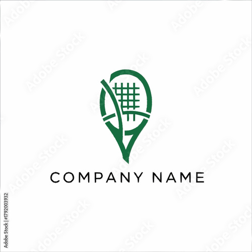 Tennis Racket Location Pin Logo Design for Sports Company.