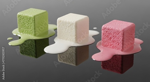 Three colorful mousse desserts melting on a dark reflective surface