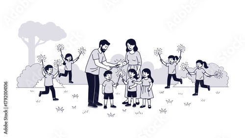 Family Fireworks: A joyful family celebrates a special occasion outdoors with sparklers, creating a festive atmosphere. capturing the heartwarming bond of family.