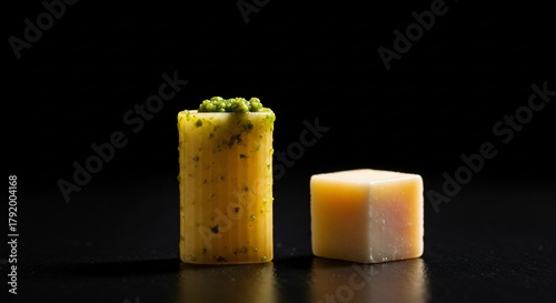 A single rigatoni pasta tube filled with pesto and a cube of cheese, isolated on a black background