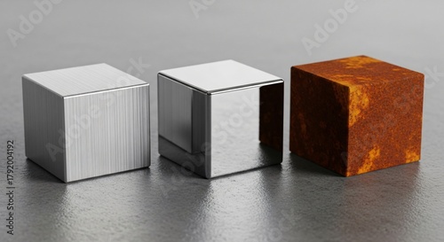 Three cubes made of different materials brushed metal, polished metal, and rusted metal, on a reflective surface