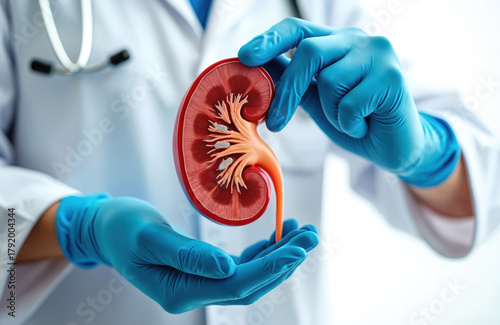 Medical expert holds kidney model. Doctor shows cross section of healthy and damaged urinary organ. Urology consultation about kidney function, disease diagnosis or transplant.
