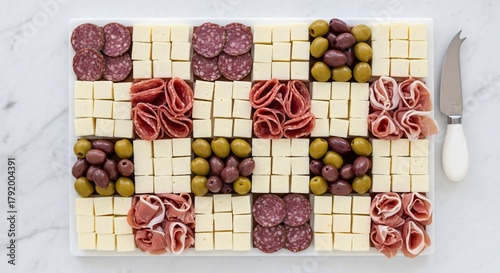 A charcuterie board with cheese, salami, olives, and prosciutto arranged neatly on a white marble slab with a knife on the side