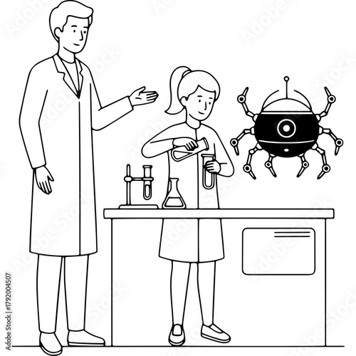 Futuristic science lab. Scientist, student and spider robot. Teamwork in research and development. Vector outline illustration. Black and white.