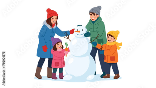 Family Winter Wonderland: A cheerful family creates a snowman, symbolizing togetherness and winter joy, in a snowy landscape. 