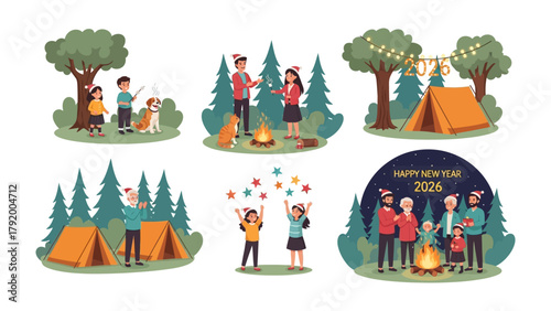 New Year Camping Adventure: Capturing various scenes of a family enjoying camping, with tents, fire, and celebration. Each scene tells a story of togetherness and festive cheer.