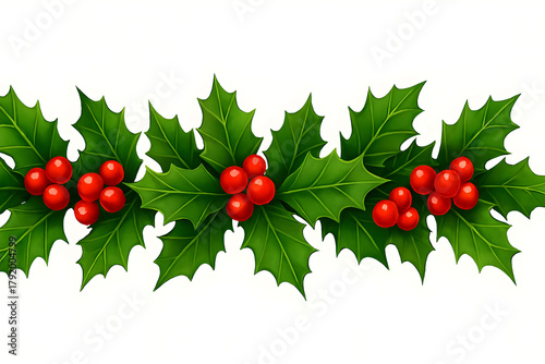 Christmas Holly Green Leaves and Red Berries Traditional Winter Holiday Symbol Isolated on Transparent Background